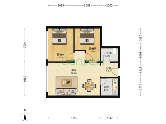 东城新天地 2室1厅1卫 98平方