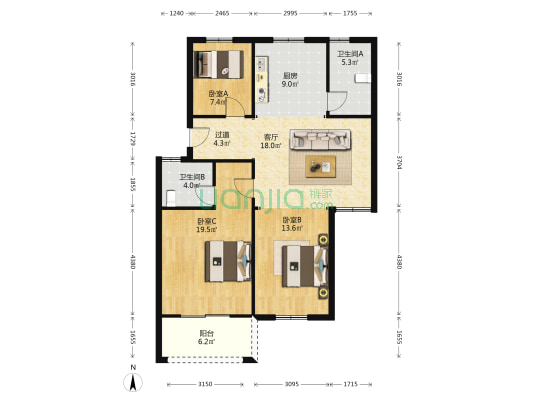 和合港小区 3室1厅2卫 104平方