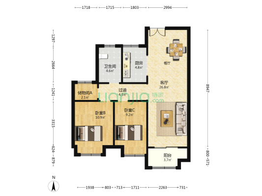 物华苑四期南区 2室1厅1卫 89平方