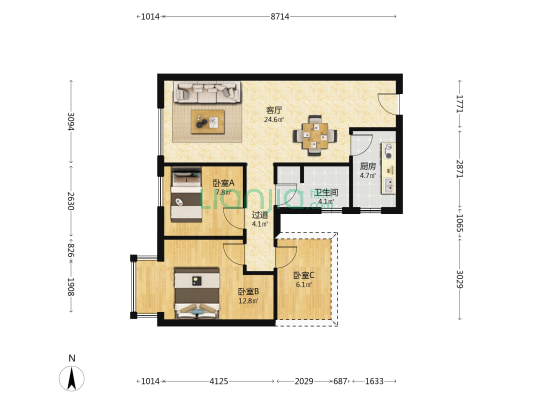 大唐盛世旭辉府 3室1厅1卫 79平方