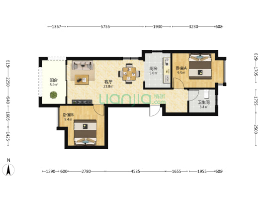 德谐公寓 2室1厅1卫 73平方