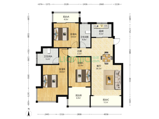 东城首座 3室1厅2卫 117平方