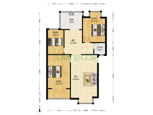 银福小区 3室2厅1卫 96平方