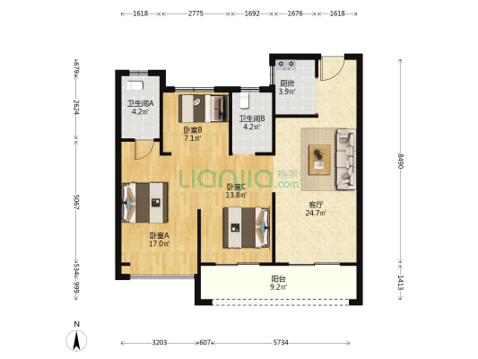 康桥东麓园 3室1厅2卫 106平方