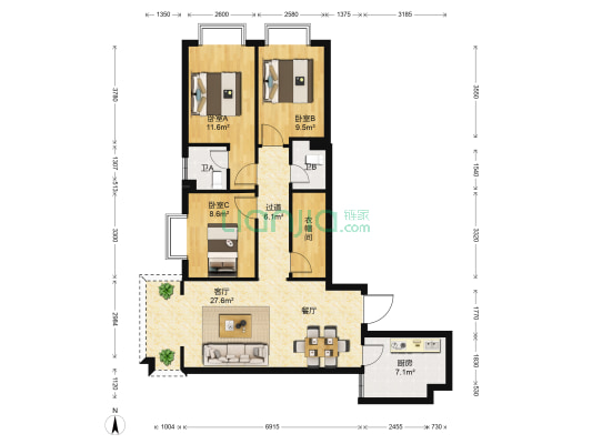 瑞鼎城天玺 3室1厅2卫 118平方