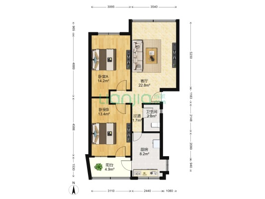粮食局小区 2室1厅1卫 80平方