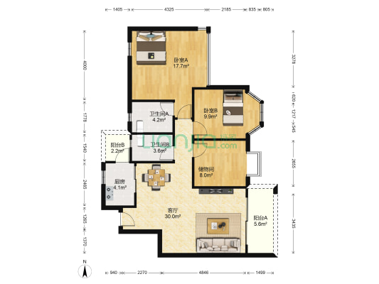 海伦堡御院 2室1厅2卫 102平方