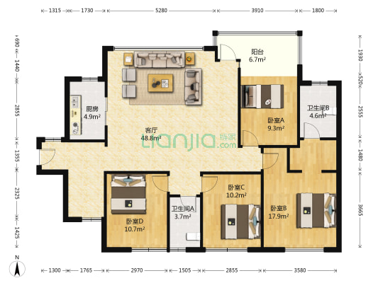 石排世纪城国际公馆 4室1厅2卫 143平方