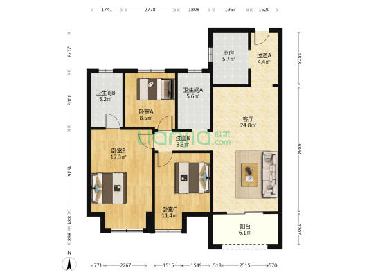 青风公园B区 3室1厅2卫 123平方