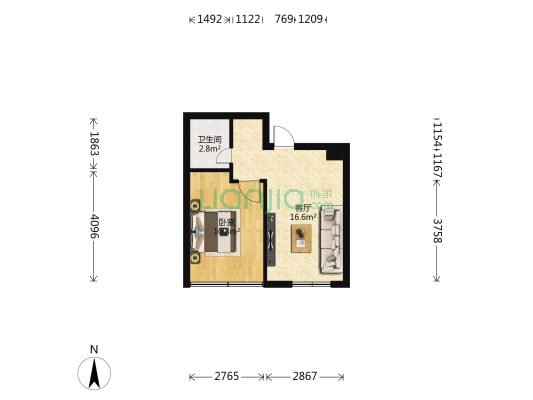 中保公寓 1室1厅1卫 39平方