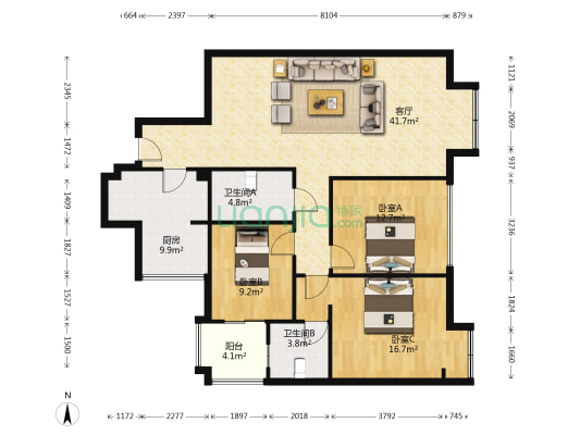 上东尚城 3室1厅2卫 130平方