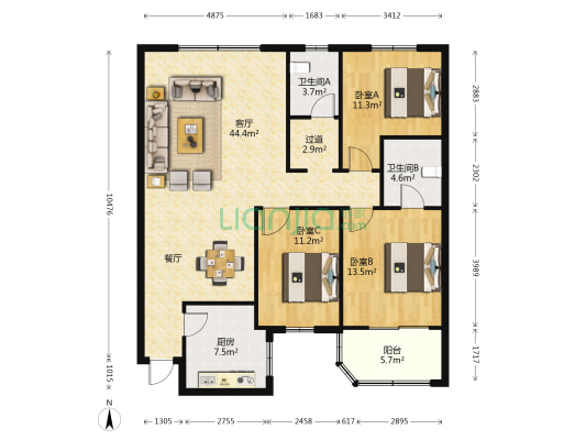 华盛花园 3室1厅2卫 127平方