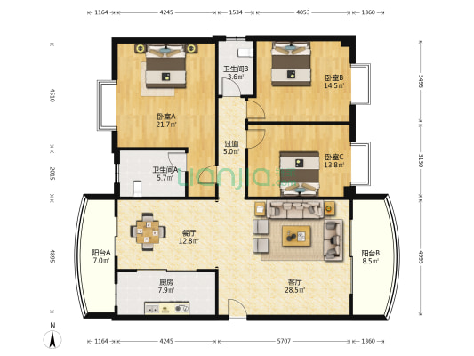雅庄花园 3室2厅2卫 146平方