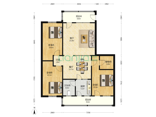 国贸大院17栋海信宿舍 3室2厅1卫 111平方
