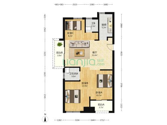 科大湖沁湾 3室1厅2卫 89平方