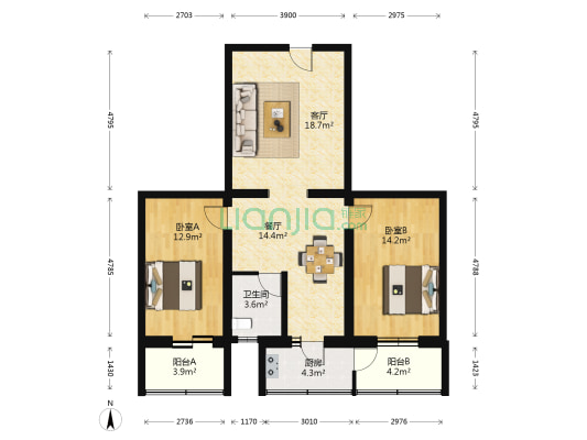 财神庙胡同 2室2厅1卫 97平方