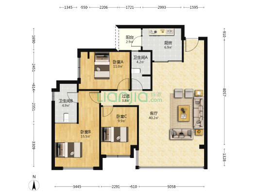 中建映锦江 3室1厅2卫 124平方
