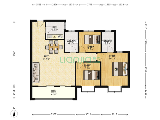 招商名筑 3室1厅2卫 119平方