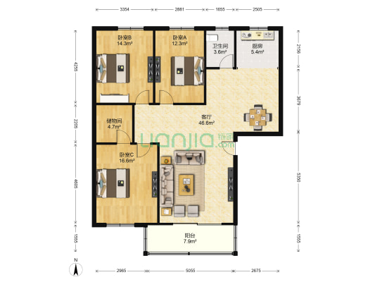 恒利源香槟巧筑 3室1厅1卫 127平方