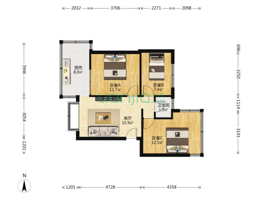 昆明云锡公司爱法住宅区 3室1厅1卫 64平方
