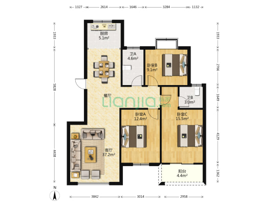兴业小区 3室1厅2卫 114平方