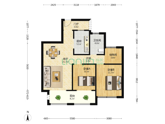 瑞景华府 2室1厅1卫 95平方