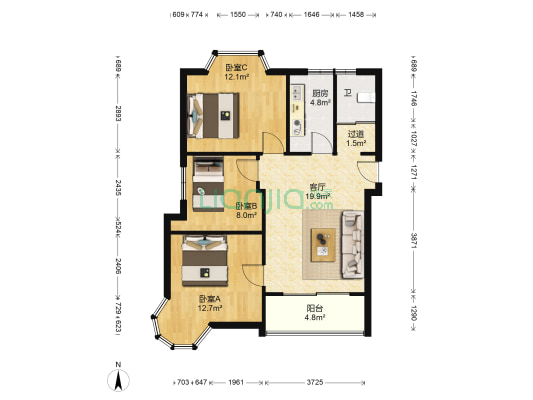 泉水湾花园 3室1厅1卫 89平方