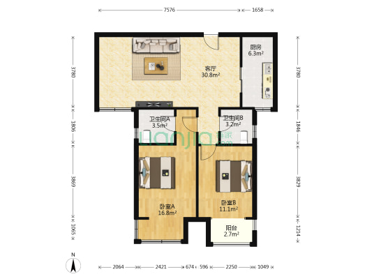 尔湾花园 2室1厅2卫 102平方