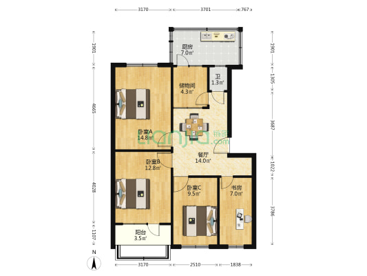 滹沱河化肥厂宿舍 4室1厅1卫 88平方