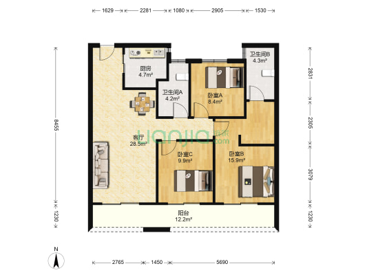 溪悦十锦台公寓 3室1厅2卫 107平方