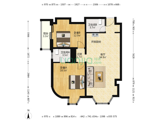 香榭舍 2室1厅2卫 115平方