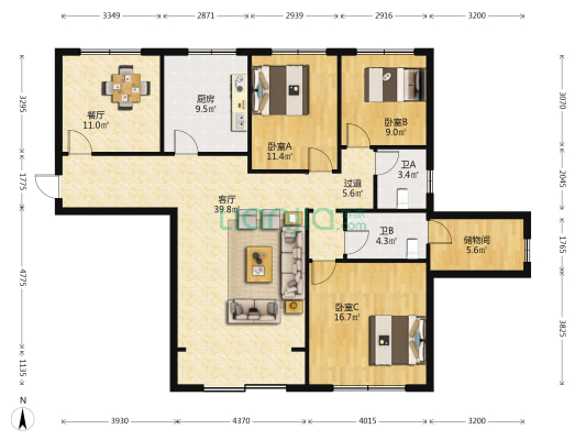 美成新都C区 3室2厅2卫 125平方
