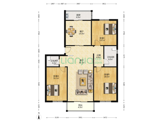 清新园 3室2厅2卫 150平方