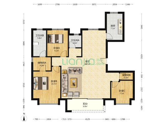 华侨城国际小镇宝教湾A区 3室1厅2卫 135平方