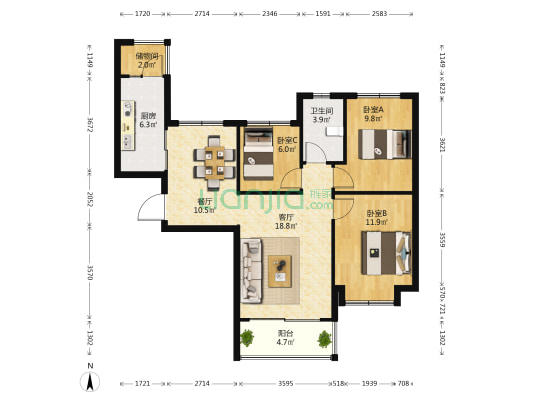 恒大名都 3室2厅1卫 108平方