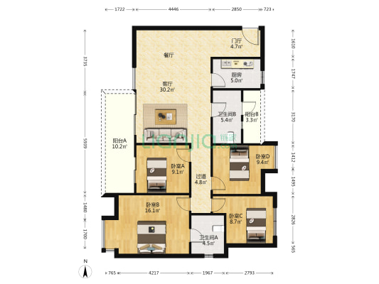 川发天府上城A区 4室1厅2卫 139平方