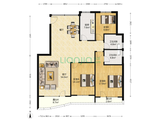 碧佛利山庄 3室1厅2卫 146平方