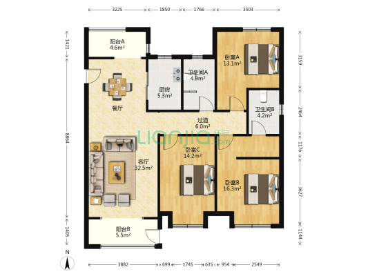 保利城 3室1厅2卫 137平方