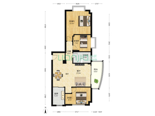 金领广场 3室1厅1卫 105平方