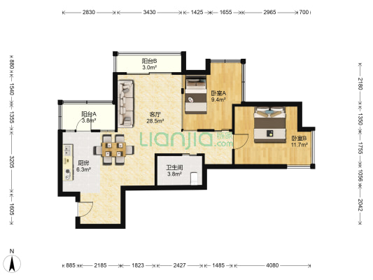 瑞虹新城铭庭 2室1厅1卫 88平方