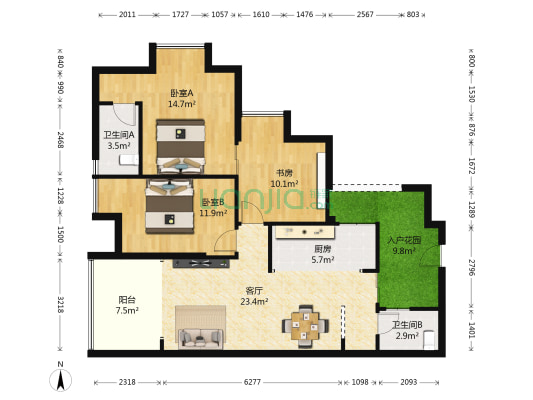 黛瑰苑 3室1厅2卫 100平方