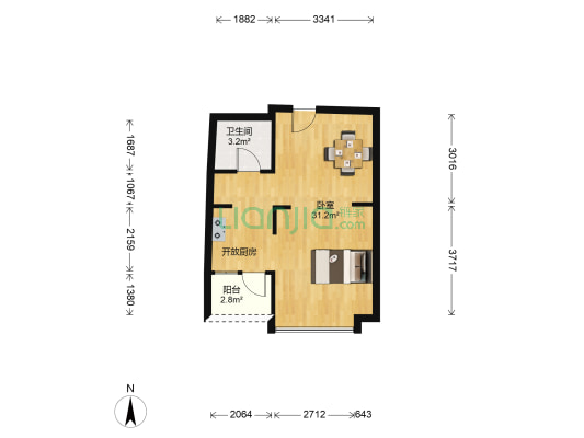 阳光城市花园D区 1室0厅1卫 54平方