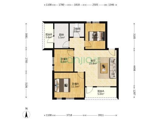 富裕花园 3室1厅1卫 86平方