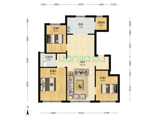 招商公园1872 3室1厅1卫 107平方