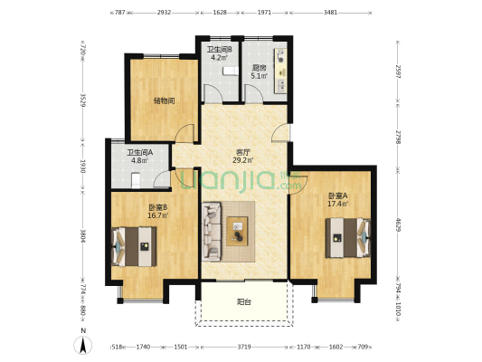 光夏花园 2室1厅2卫 124平方
