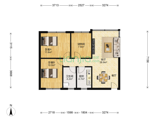 上林苑 2室1厅1卫 86平方