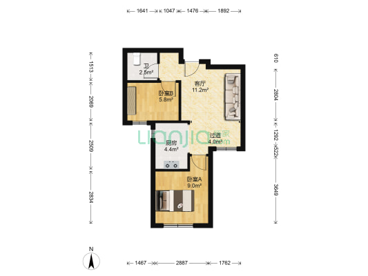 龙湖锦璘原著 2室1厅1卫 63平方