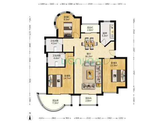 城宁花苑 3室1厅2卫 135平方