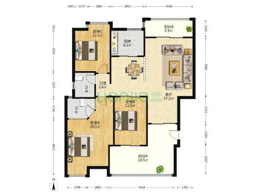 中庚香江红海园一期南区 3室1厅2卫 132平方