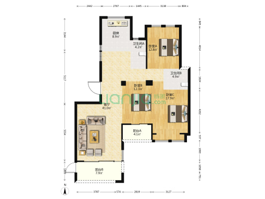 中联蓝天花园 3室1厅2卫 143平方